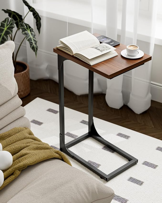 C-Shaped Side Table for Couch - Small Coffee Stand Sofa Tray Desk with Metal Frame and Waterproof Scratch Resistant, Modern End Accent for Living Room, Bedroom, Set of 2, Rustic Walnut