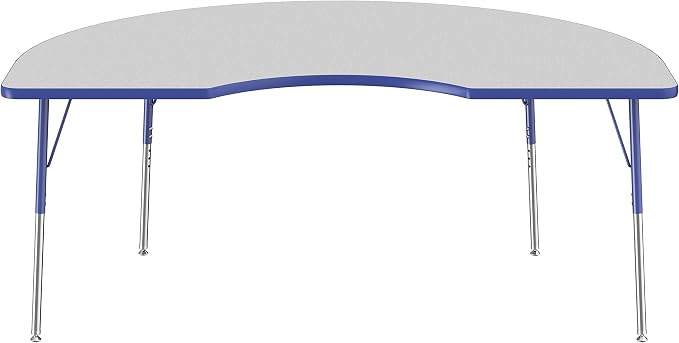 FDP Kidney Activity School and Office Table (48 x 72 inch), Standard Legs with Swivel Glides for Collaborative Seating Environments, Adjustable Height 19-30 inches - Gray Top and Blue Edge