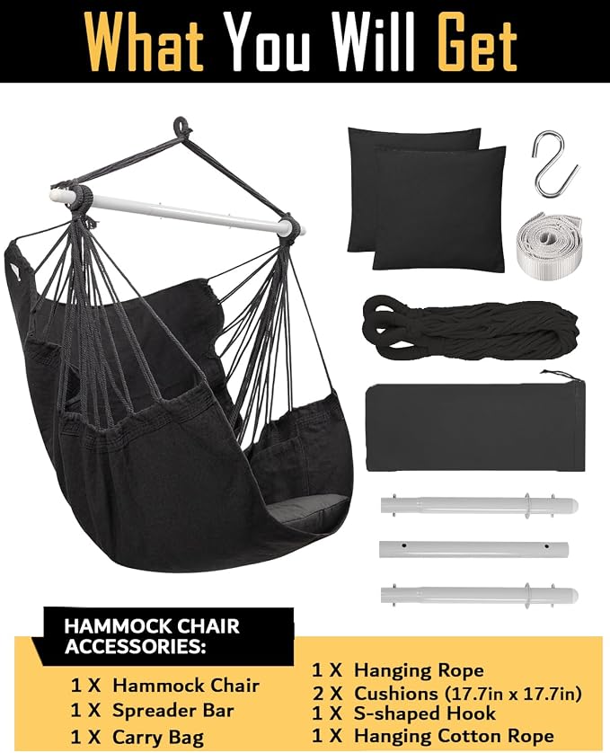 ADVOKAIR Hammock Chair Swing, Heavy-Duty Hanging Rope Swing Seat Supports 500 Lbs, Ideal for Outdoor Patio, Backyard, Porch, Deck & Indoor Bedroom Use