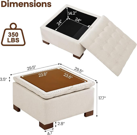 30 Inch Square Storage Ottoman Coffee Table, Modern Tufted Upholstered Ottoman with Flip Tray and Solid Wood Legs, Suitable for Living Rooms, Linen Beige