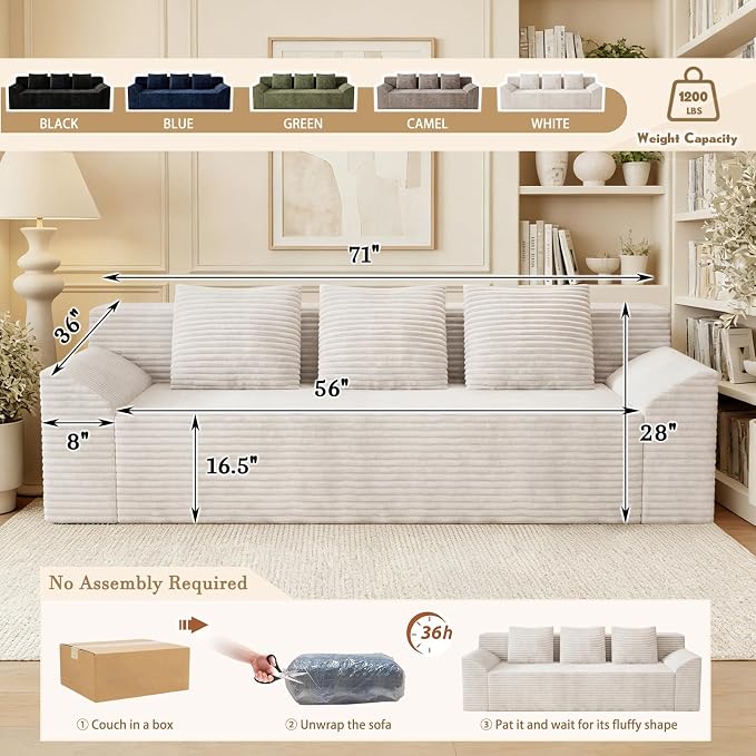 71" Corduroy Living Room Sofa, 3 Setaser Deep Seat Couch with 3 Lumbar Pillows, Comfy Boneless Sofa Modern Compressed Couch for Bedroom, Office, Apartment, No Assembly, Curved Armrests (Ancient White)