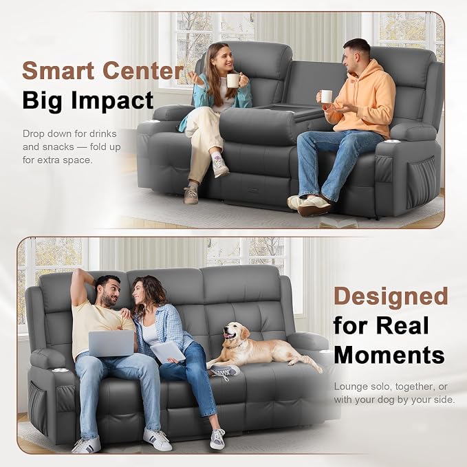 Recliner Sofa, 78.2" PU Leather Reclining Couch Loveseat with Flip Middle Backrest & Drawers - 3 Seat Home Theater Seating, Massage - Lumbar Support for Family Living Room & RV