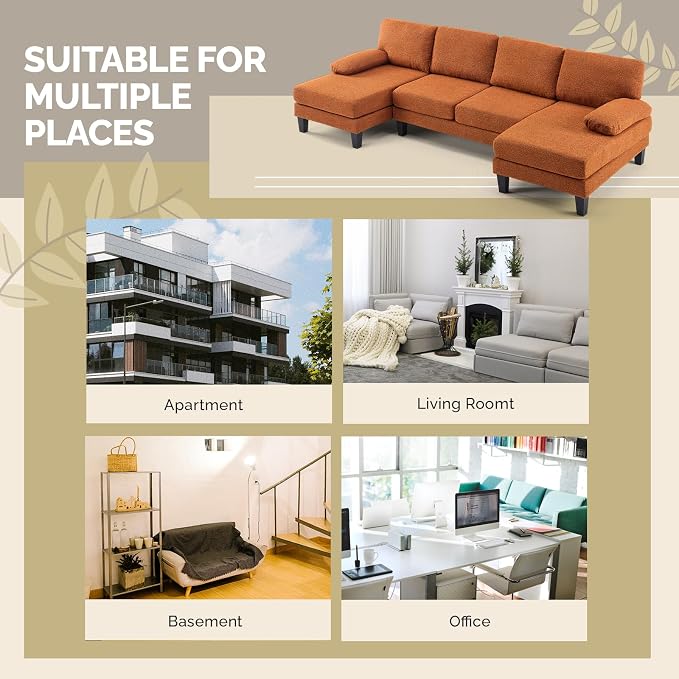 VINGLI 110' U-Shaped Sectional Couch with Two Chaise, Affordable Small Sofa with 4 Seats, Chenille Fabric Comfy Couches for Living Room, Orange
