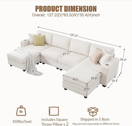 127" Modular Sectional Sofa with Storage, Corduroy 6-Seater U-Shaped Sofa with Ottoman Chaise, Cloud Sectional Couches for Living Room, Apartment