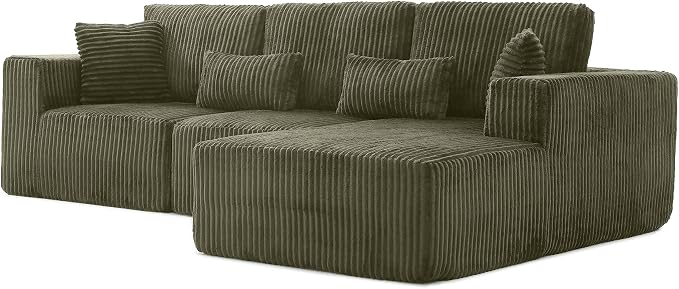L Shaped Modular Boneless Sectional Couches for Living Room, Wide Armrest, Deep Seat, Memory Foam, Assembly Free, Modern Comfy Corduroy Fluffy Cloud Sofa with Right Chaise, Green