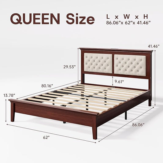 Lifezone Solid Wood Queen Bed Frame 41.5” Tall Diamond-Tufted Upholstered Headboard, American Classic Flat-Top Bed, Stable Structure, Wood Slats Support, Noise-Free, No Box Spring Needed, Redish Brown