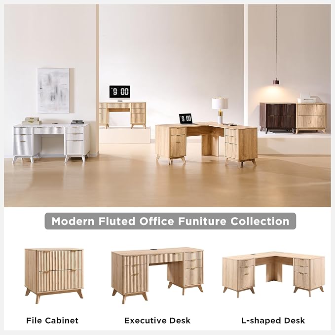 T4TREAM Fluted Executive Desk with Drawers, 60" Modern Home Office Computer Desk with Charging Station, File Cabinet, Keyboard Tray and Storage Cabinet for Study, Living Room, Bedroom, Natural Oak