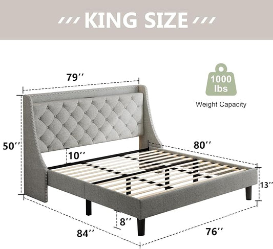 Feonase King Size Bed Frame with Luxury Wingback and Fast Charging Station, Upholstered Button Tufted Storage Headboard, King Platform Bed, Heavy Duty Wooden Slats Support, Easy Assembly, Light Gray
