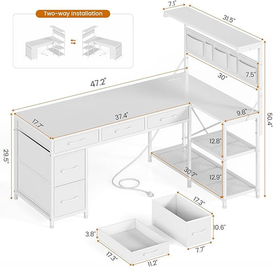 SEDETA Corner Computer Desk, Reversible L Shaped Computer Desk with Fabric Drawers and Power Outlet, 47.2” Gaming Desk with LED Lights, Storage Shelves and Hutch, White