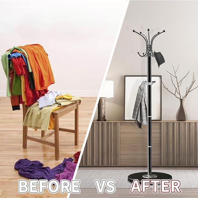 OIRUMIE Coat Rack with Natural Marble Base, Metal Freestanding Coat Racks with 14 Hooks, 360°Rotary Coat Rack Stand for Hanging Scarf, Bag, Jacket, Black Coat Tree Hanger Holder Stand