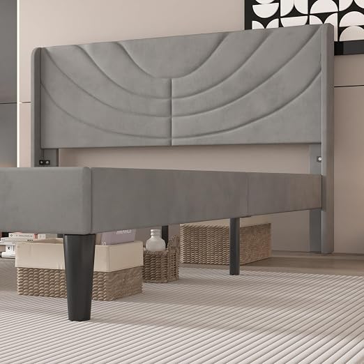 VECELO Upholstered Platform Queen Bed Frame with Fabric Headboard,Wooden Slats Support/No Box Spring Needed/Mattress Foundation,Dark Grey