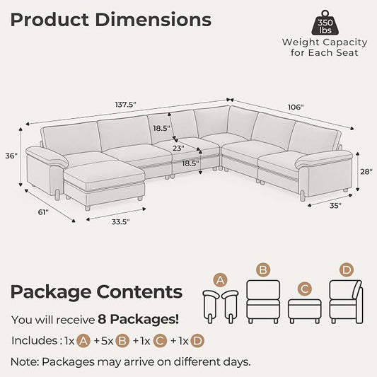 SITJOY Large Cloud Couch, 138" Wide 6 Seater U Shape, Light Gray Chenille | Detachable and Washable Chenille Cover Sectional Sofas for Living Room, Deep Seat Wide Couch with Chaise, Storage Ottoman