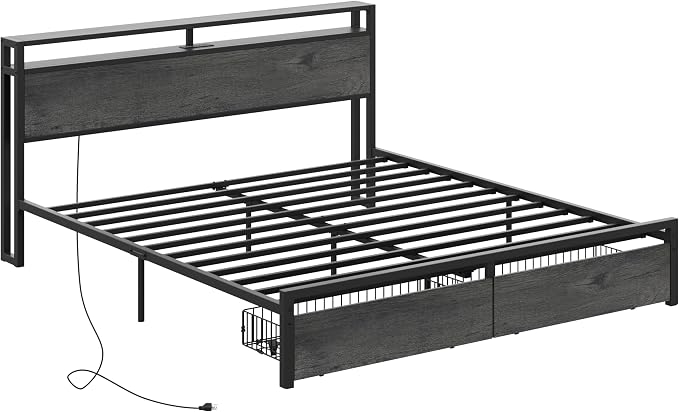 LIKIMIO California King Bed Frame with Storage Headboard, Platform Bed with Drawers and Charging Station, No Box Spring Needed, Easy Assembly, Charcoal Grey