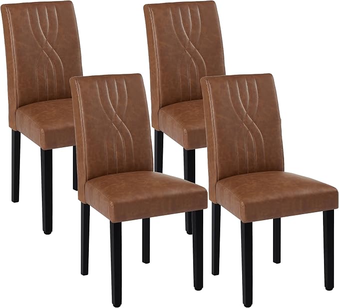 VECELO Upholstered Dining Chairs Set of 4, Modern PU Leather High Back Chairs with Solid Wood Legs for Kitchen and Living Room, Brown