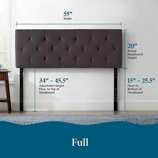 Lucid Mid-Rise Upholstered Headboard - Diamond Tufted - Padded Polyester - Adjustable Height from 34” to 46” - Easy Assembly - Bed Frame or Wall Mount - Sturdy - Charcoal - Full / Full XL Size