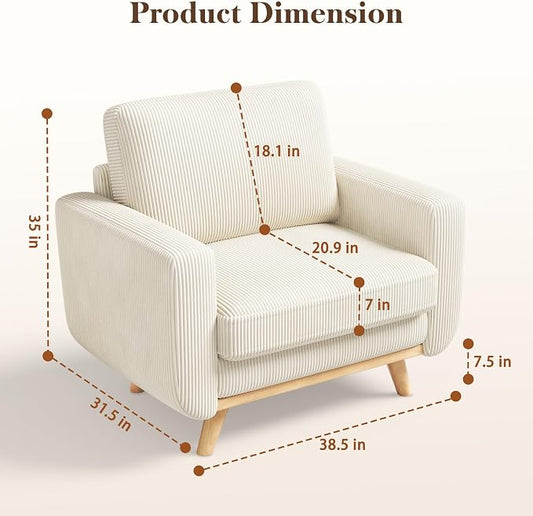 Vesgantti 38.5" Accent Chair Beige, Comfy Corduroy Single Sofa Seat with Spring Cushion, Upholstered Armchair with Deep Seat, Reading Chair for Adults, Modern Sofa for Living Room, Bedroom