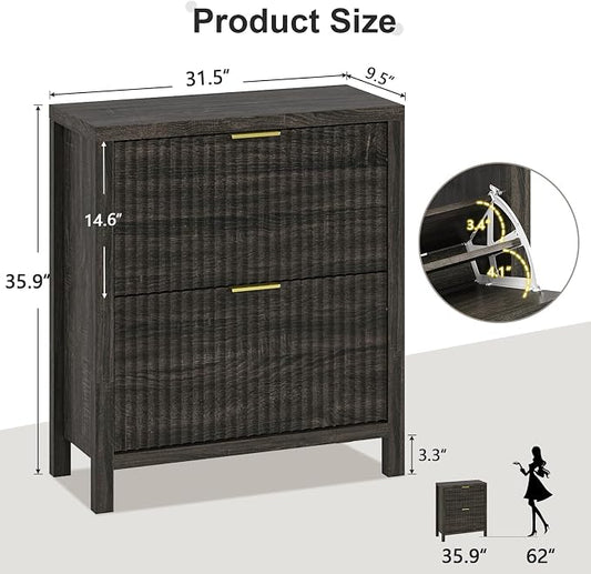 YOMILUVE Shoe Cabinet Storage for Entryway, Fluted Shoe Cabinet with 2 Flip Drawers, Hidden Shoe Rack Tall Freestanding Shoe Organizer with Legs for Hallway, Dark Gray