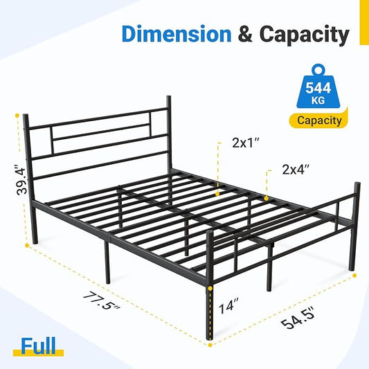 Avenco Metal Platform Bed Frame Full Size with Classical Headboard and Footboard, 14 Inch, Under Bed Storage, Strong Metal Slats Support, Mattress Foundation, No Box Spring Needed