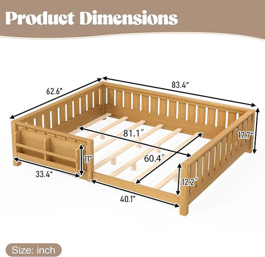 Bellemave Queen Size Montessori Floor Bed with Slats and Fence, Queen Size Montessori Bed with Rails and Bookcase, Easy Assemble Floor Beds Frame,Deep Natural
