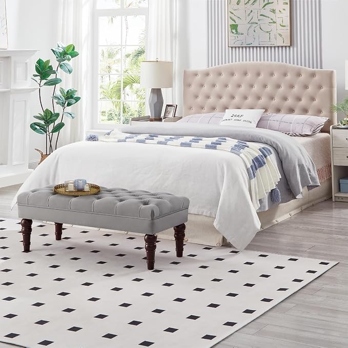24KF Velvet Upholstered Buttons Tufted Entryway Bench with Solid Wood Leg,Bed Bench Ottoman with Padded Seat,5061N-Gray