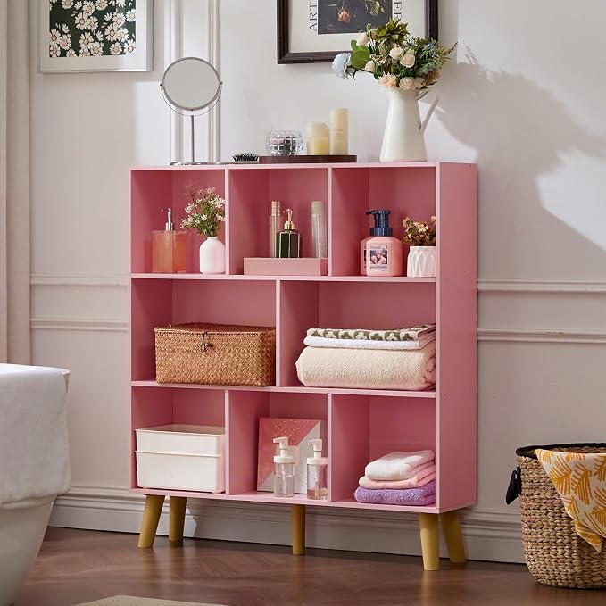 LEYAOYAO 8 Cube Bookshelf,3 Tier Bookcase with Legs,Light Pink Mid-Century Modern Bookshelves,Large Open Storage Organizer Shelf, Wooden Book Case