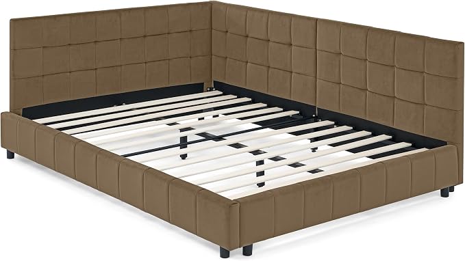 Bellemave Full Size Corner Bed Frame with Comfortable Backrest and Armrests, Velvet Tufted Corner Bed Frame Full Size, Upholstered Daybed for Bedroom, Living Room, Guest Room, Brown