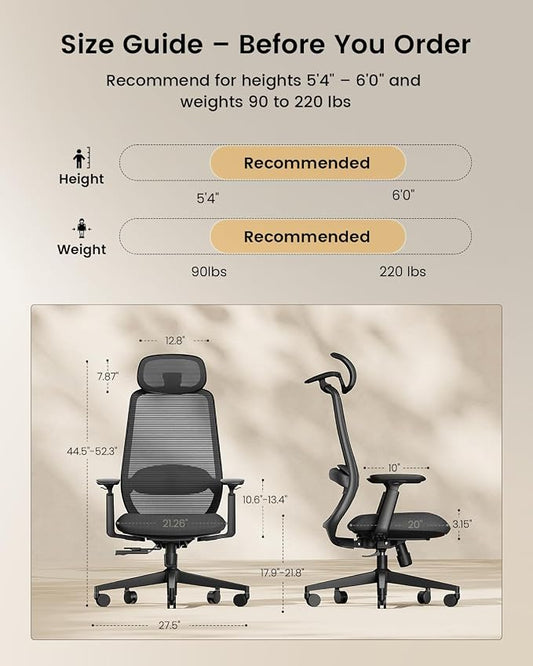 ProtoArc EC200 Ergonomic Office Chair – High-Back Mesh Computer Chair with Lumbar Support, Adjustable Seat Depth & 3D Headrest Ergo Desk Chairs for Work from Home, 8+ Hours Comfort – Black