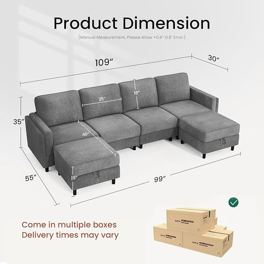 KKL Modular Sectional Sofa Bed with Storage Ottoman, Convertible L/U-Shaped Sleeper Couch for Living Room, Modern Reversible Design (Grey, 4 Seat L Shape)