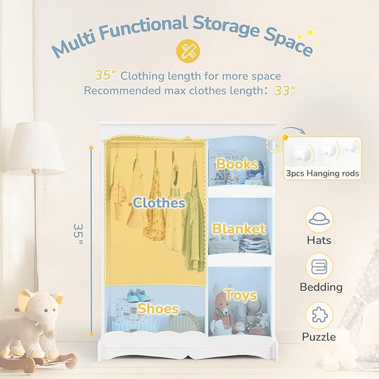 Curipeer Kids Dress Up Storage with Cloud Base & Flower Mirror, Open Hanging Closet Wardrobe for Children, Kids Armoire & Costume Organizer for Bedroom Playroom Preschools Classroom, White