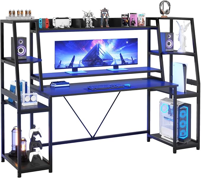SEDETA Gaming Desk 78.8'' with LED Lights, Hutch and Storage Shelves, Computer Desk with Monitor Stand, Large PC Gamer Desk Workstation, Ergonomic Gaming Table for Bedroom, Living Room, Black