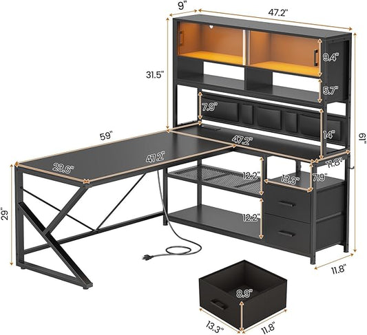 SEDETA L Shaped Gaming Desk, Home Office Computer Desk with 2 Drawer and Bookshelf, L Shaped Gaming Desk with LED Light, Glass Cabinet and Storage Bag, Corner Desk with Storage Shelves, Black