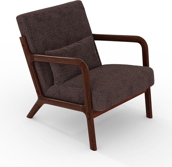Garvee Mid-Century Modern Accent Chair, Sherpa Upholstery, Solid Wood Armchair with Removable Lumbar Pillow, Sturdy Reading Chair for Living Room, Bedroom, Guest Room, Easy Assembly, Brown