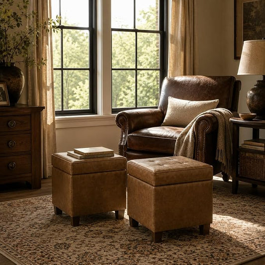 HomePop Square Tufted Storage Ottoman - Distressed Brown Faux Leather Small