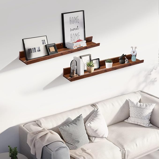Muzilife 35.4" Large Floating Wall Ledge Shelves with Lip - Set of 2 Rustic Wood Floating Shelves - Honey Brown Wall Mounted Picture Ledge for Office, Bathroom, Bedroom, Living Room, Kitchen