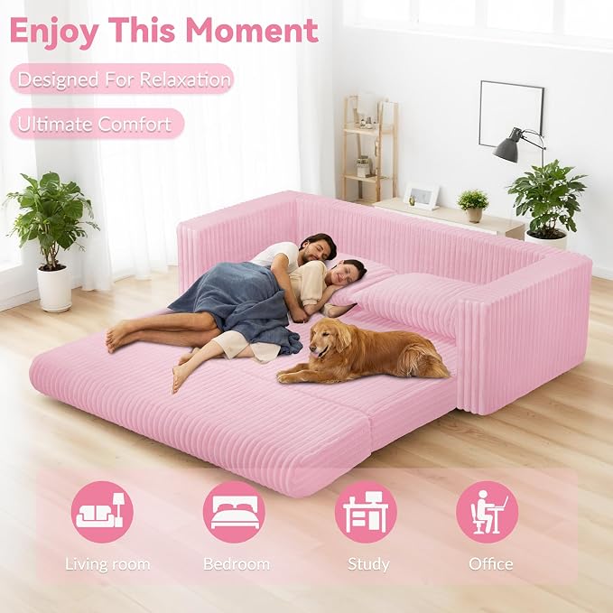 HABUTWAY 68" Loveseat Boneless Couch, 4-in-1 Convertible Sofa Bed, Plush Fur Folding Futon Sofa Bed Couches with 2 Pillows for Living Room, High-Density Foam Support, No Assembly Required, Pink