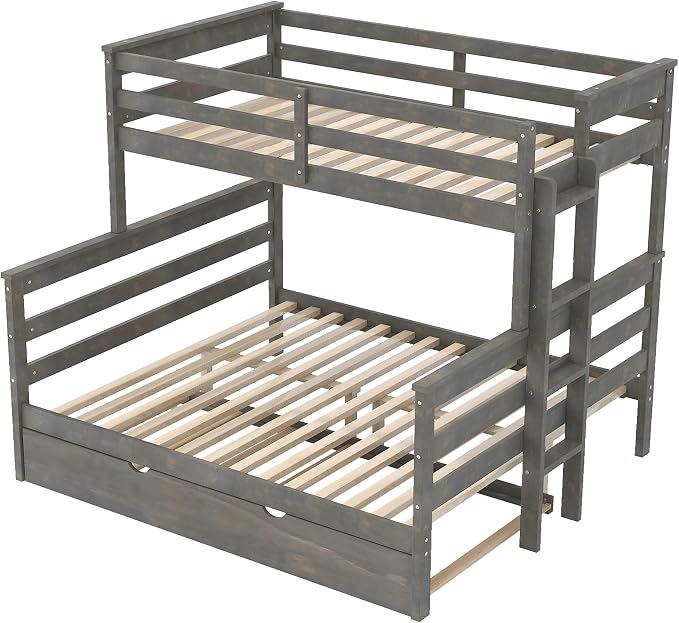 Merax Twin XL Over Queen Bunk Bed Wood Detachable Bunk Bed with Trundle & Ladder, Multifunction Bunk Bed,Can be Separated into 3 Beds, No Box Spring Needed,Space Saving,Gray