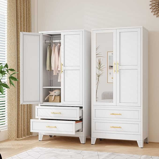 Metal Armoire Wardrobe Closet Storage Cabinet with 2 Doors White, 71'' Wardrobe with Hanging Rod Metal Closet with Adjustable Shelf and 2 Drawers, Freestanding Storage Cabinet for Bedroom