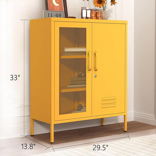 Locking Steel Storage Cabinet Shoe Cabinet for Living Room Bathroom Kitchen Left Wire Mesh Door Right Iron Door Yellow Size:33" H x 29.5" W x 13.8" D