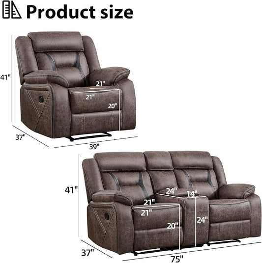 EBELLO Manual Recliner Sofa Set, Faux Leather Reclining Living Room Furniture Set, Included Single Recliner Chair and Manual Loveseat Sofa, Grey