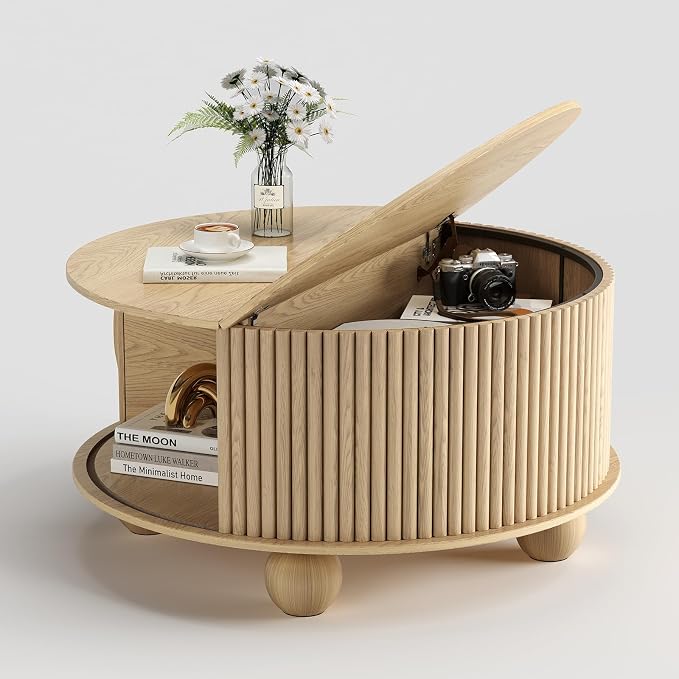 JOINICE Round Coffee Table with Storage, 31.5" Natural Oak Fluted Drum Center Table, Scandi Japandi Wood Circle Table with Sliding Door & Bun Feet for Living Room