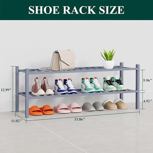 Smiry Long Bamboo Shoe Rack, 2 Tier Free Standing Wooden Shoe Organizer, Stackable Wood Shoe Storage Shelf for Closet, Entryway, 14 Vertical Slats, One-piece Heavy-Duty Legs, 33.7"x11"x13", Grey