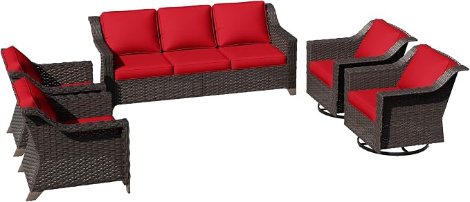 5 Pieces Patio Conversation Furniture Set - 1 Sofa, 2 Armchairs, 2 Swivel Chairs, Outdoor Wicker Furniture with Removable Cushions for Porch, Balcony, Sunroom (Red)