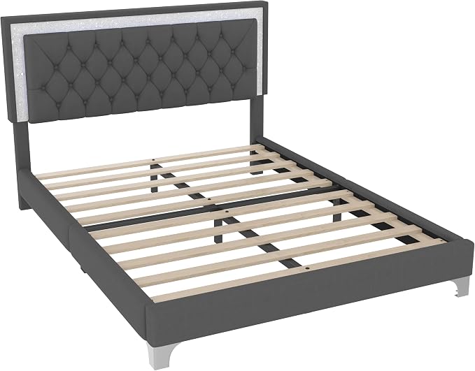 Flieks Bedroom Sets, 3-Pieces Bedroom Sets, Queen Size Upholstered Platform Bed with LED Lights and 2 Nightstands, Gray