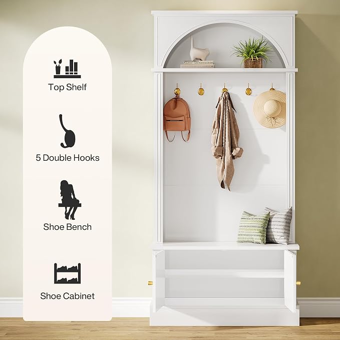 Tribesigns Hall Tree with Bench and Shoe Storage, 4-in-1 Design Entryway Bench with Coat Rack, 70.86" Tall Mudroom Rack with 5 Double Hooks and Adjustable Shelf for Hallway (White)