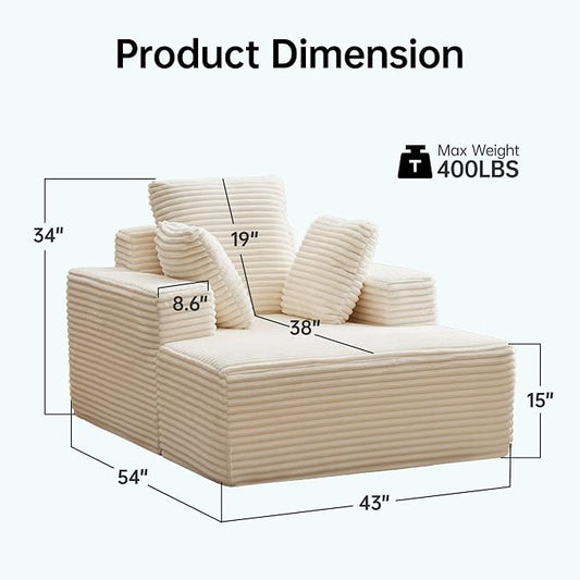 Boneless Chaise Lounge Chair, 54" Oversized Cloud Couch Sofa with Deep Seat, Plush Corduroy Reading Chair for Living Room, Bedroom, Reading Nook, Apartment, Gaming Room & Movie Nights, Beige
