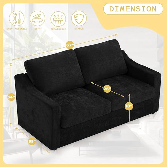 67” Chenille Loveseat Sofa w/Comfortable Back Cushions, Black | Modern 2-Seat Couch w/Deep Seat Space, Upholstered 2 Seaters Sofa w/High Resiliency Foam for Living Room