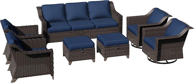 7 Pieces Patio Conversation Furniture Set - 1 Sofa, 2 Armchairs, 2 Ottomans, 2 Swivel Chairs, Outdoor Wicker Furniture with Removable Cushions for Porch, Balcony, Sunroom (Blue)
