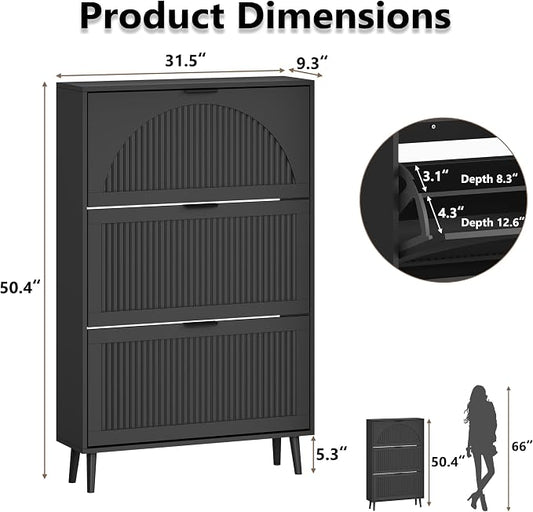 BORNOON Shoe Cabinet for Entryway with 3 Flip Drawers, Slim Wooden Shoe Storage Organizer with Modern Fluted Pannel,Freestanding Narrow Hidden Shoe Rack for Hallway, Foyer, Living Room