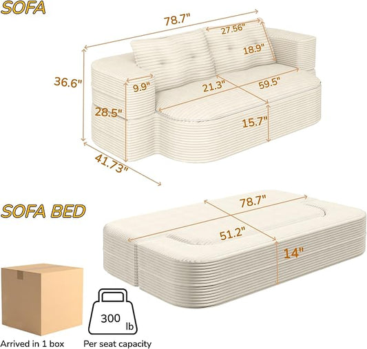 78.7" Futon Sofa Bed, 2-in-1 Foldable Sleeper Sofa, Convertible Floor Couch with Pillows, Corduroy Couch with Multi Functional Blanket Upholstered Boneless Couches for Living Room, Cream Beige