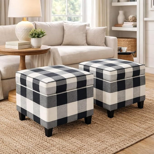 HomePop Home Decor | K7342-F2262| Classic Square Storage Ottoman with Lift Off Lid | Ottoman with Storage for Living Room & Bedroom, Black Plaid Large